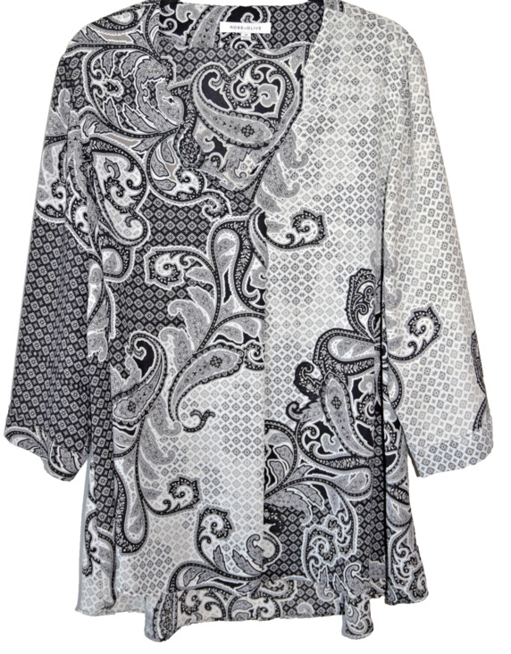 Rose and Olive Tops - Rose + Olive Silky V Neck Blouse Tunic Black Gray Flourish 3/4 Sleeve Boho 2X